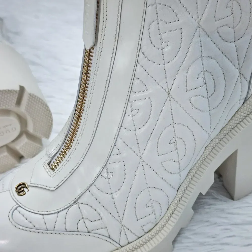 Gucci Calfskin G Rhombus Quilted Ankle Boots White 39.5G | 9.5 US - Picture 5 of 16